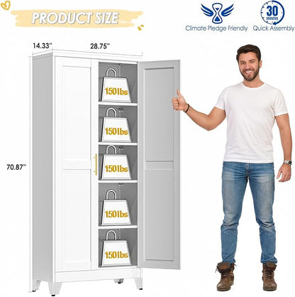 GAIOUS 71" Tall Metal Storage Cabinet with 2 Doors and 4 Adjustable Shelves, Kitchen Pantry Cabinet White Freestanding Cupboard, 5 Tier Multifunctional Steel Storage for Office, Kitchen, Dining Room