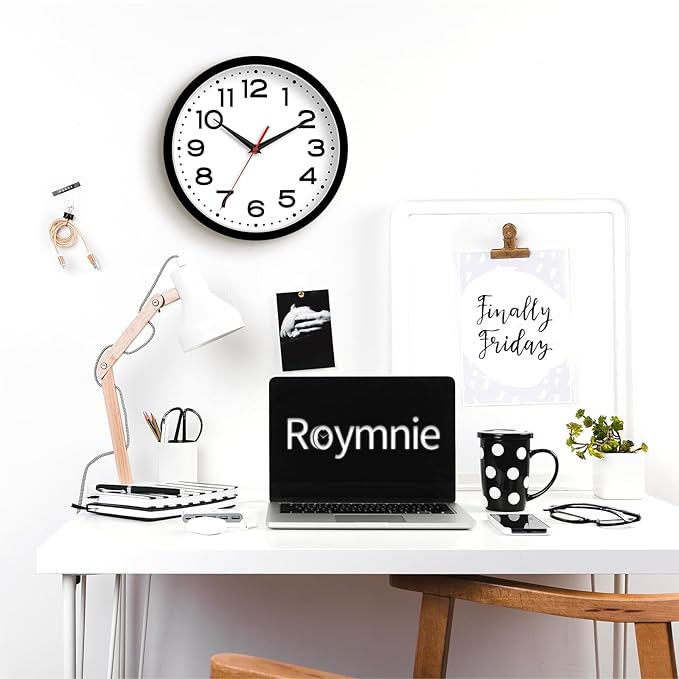 Roymnie Wall Clock 10 Inch Silent Non-Ticking Modern Clock Battery Operated Classic Simple Minimalist Analog Decorative for Kitchen, Living Room,Office, Bedroom, Bathroom (Black)