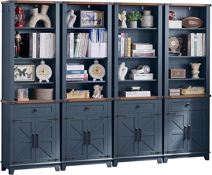 72in Tall Bookshelf 7 Tier Bookcase with Drawer and Barn Doors and Adjustable Shelves, Blue Farmhouse Book Shelf with Storage Cabinet, Wood Freestanding Display Bookshelves for Kitchen (4PCS)
