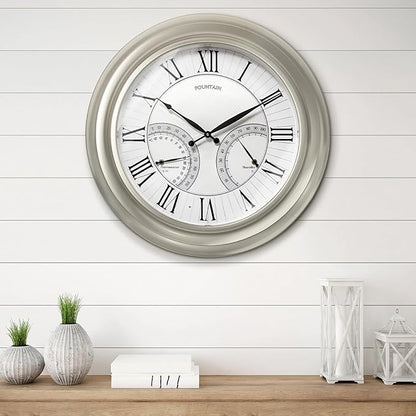 24 Inch Outdoor Clocks Waterproof, Self-Illuminated Large Outdoor Clock with Thermometer and Hygrometer Combo for Patio,Pool and Garden Decor,Roman Numeral,Morning Silver