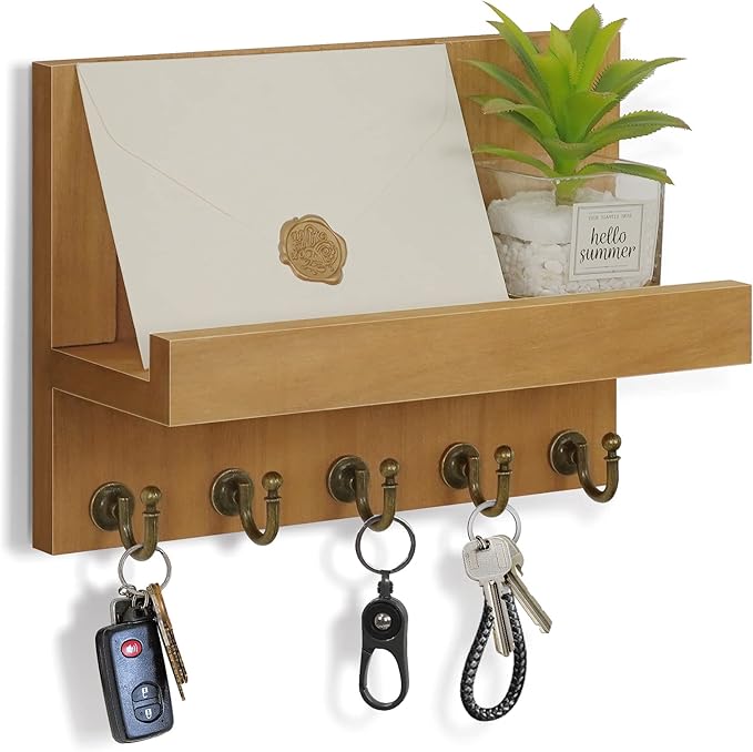 Farmhouse Wall Key Holder for Wall : Holiday Card Slot Design Wooden Mail Organizer Wall Mount Dog Leashes Holder Hanger (Light Brown)