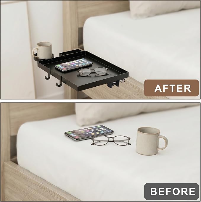 Foldable Bedside Shelf, Metal Clip On Bunk Bed Shelf for Top Bunk Heavy Duty Bed Side Table Tray for University Dorm Essentials, Loft Nightstand Organizer Tray with Removable Cup and Phone Holder