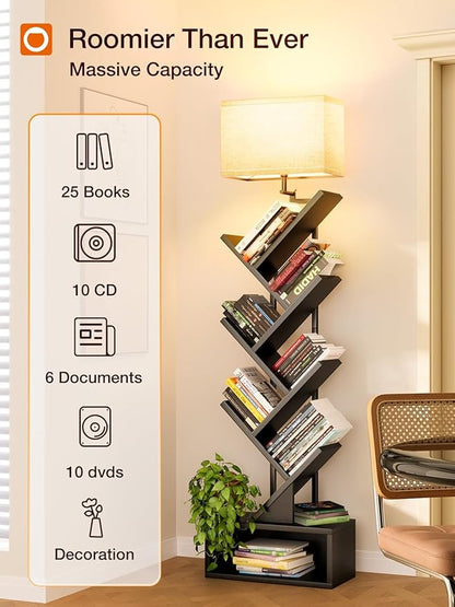 addlon 6-Tier Tree Book Shelf with LED Light, Steel&Wood Bookshelf with Storage Cabinet, Narrow Tall Bookcase with 3CCT Bulb, Small Bookshelf for Bedroom, Home Office&Living Room-Black Oak