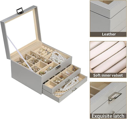 BOOVO Clear Lid Jewelry Box,3 Layers Jewelry Organizer Large Multi-Functional Jewelry Storage Box with 2 Drawers,Jewelry Display Case of Rings Earrings Necklace Bracelets for Women Girls (Grey)