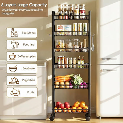 6 Tier Slim Storage Cart, Narrow Rolling Cart with Wheels, Narrow Mobile Utility Shelf Unit Organizer for Kitchen, Bathroom, Laundry Room, Living Room, Small Places, 6in(W), Black