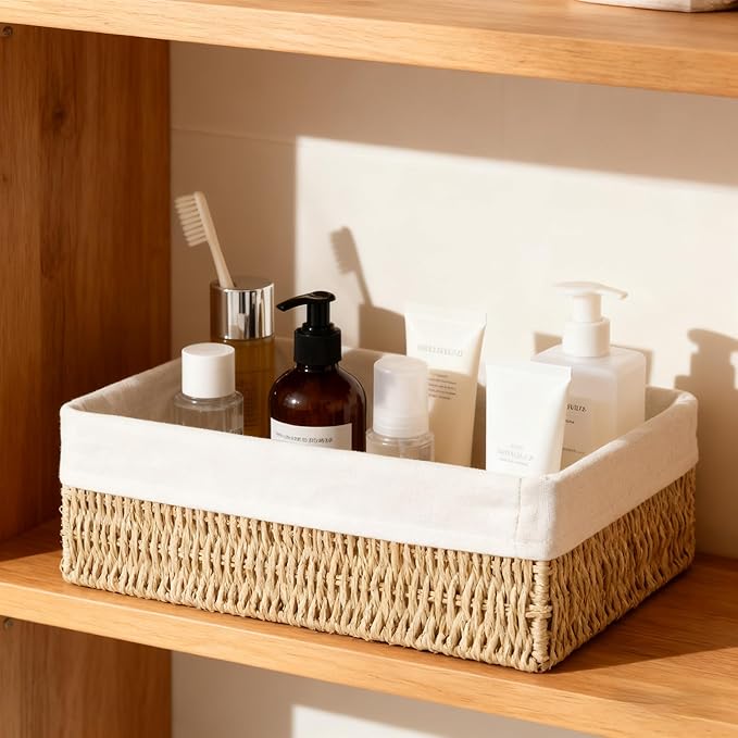 Woven Storage Baskets Set of 3 – Handmade Paper Rope Rectangular Organizer for Closet, Bathroom, Shelf & Living Room, Decorative Khaki Storage Bins for Home