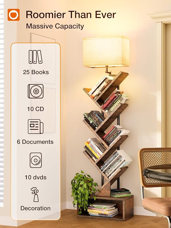 addlon 6-Tier Tree Book Shelf with LED Light, Steel&Wood Bookshelf with Storage Cabinet, Narrow Tall Bookcase with 3CCT Bulb, Small Bookshelf for Bedroom, Home Office&Living Room-Rustic Brown
