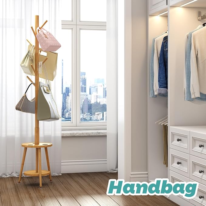Coat Rack, Bamboo Wood Coat Freestanding with Umbrella Holder, Adjustable Height Coat Stand with 8 Hooks, kids coat rack, Used In The Bedroom Living Room, Office To Hang Clothes, Hats, Bags (Natural)