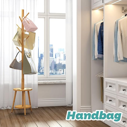 Coat Rack, Bamboo Wood Coat Freestanding with Umbrella Holder, Adjustable Height Coat Stand with 8 Hooks, kids coat rack, Used In The Bedroom Living Room, Office To Hang Clothes, Hats, Bags (Natural)