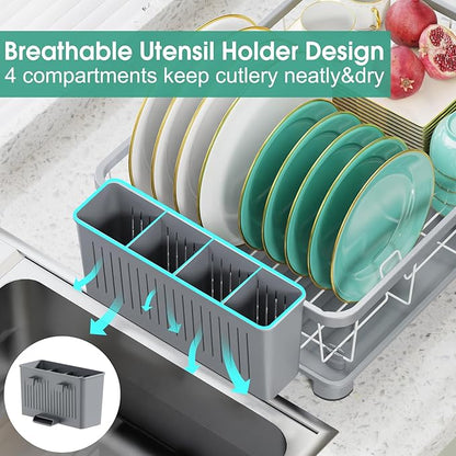Hiviweer Dish Drying Rack - Space-Saving Dish Rack,Dish Racks for Kitchen Counter with Drainboard, Rustproof Dish Drainer with a Removable 4-Compartment Utensil Holder,Gray