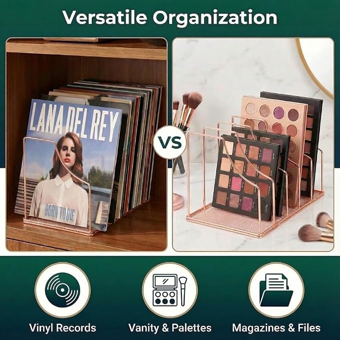 Rose Gold Binder Organizer for Desk, 5 Slot Metal Wire Vertical File Sorter with Mesh Bottom, Desktop Magazine Holder Rack for 2 Inch Binders, Medical Coding Books, Vinyl Records, 12.1"