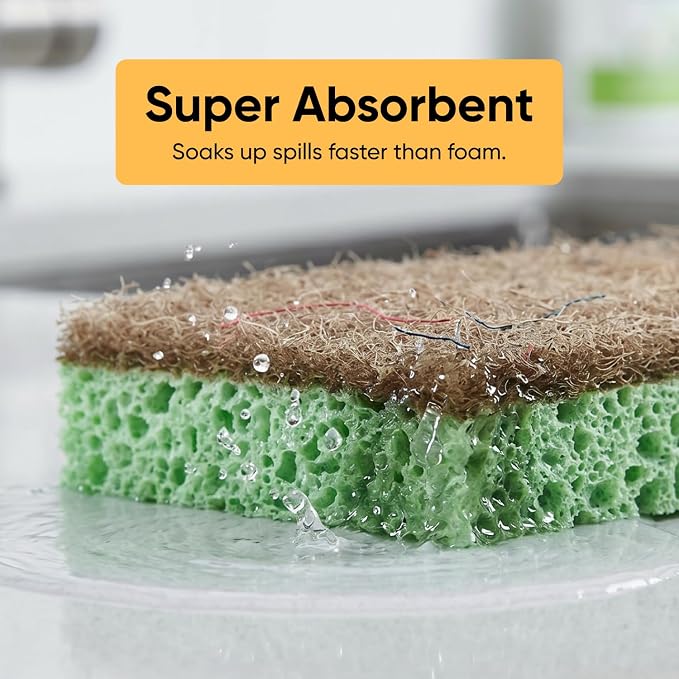 Superio Non-Scratch Cellulose Sponge Scrub (12-Pack) Heavy Duty Kitchen Sponges Scrubbers with Scouring Pad (Green)