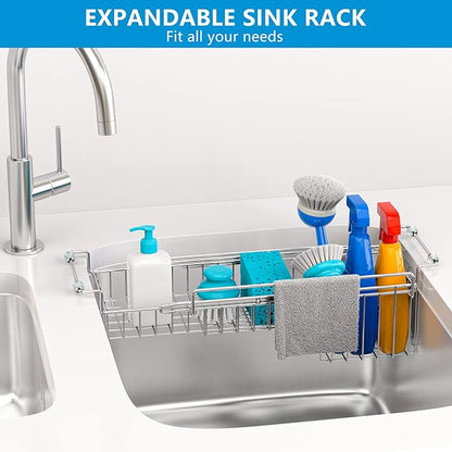 FavoThings Over The Kitchen Sink Caddy Sponge Holder Organizer Drying Rack Expandable for Sponge Brush Soap Dish Cloth Rag Smaller 14.5" to 22", Stainless Steel