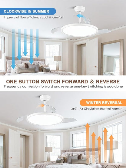 42 inch Retractable Ceiling Fan with Lights, White Low Profile Ceiling Fan with 3CCT Dimmable 6 Speeds Quiet Reversible DC Motor, Modern Fandelier for Living Room Dinning Room Kitchen