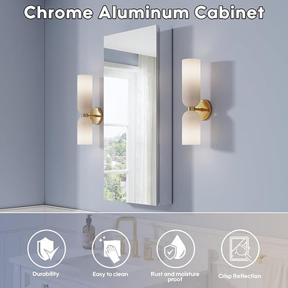 WELLFOR 16" x 36" Bathroom Medicine Cabinet, Anodized Chrome Aluminum Frame, Medicine Cabinet with Adjustable Glass Shelves, Bathroom Cabinet with Reverse Door Installation, Surface or Recess Mount