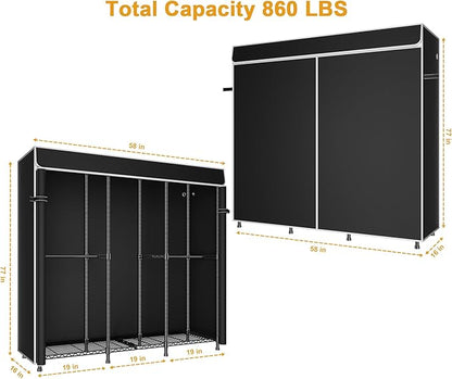 ULIFHOME E14C Heavy Duty Closet Organizer System，Freestanding Clothing Racks for Hanging Clothes，Adjustable Garment Rack 58" W × 16" D × 77" H Hold 860 lbs，Black Rack with Black Dustproof Cover