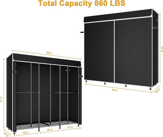 ULIFHOME E14C Heavy Duty Closet Organizer System，Freestanding Clothing Racks for Hanging Clothes，Adjustable Garment Rack 58" W × 16" D × 77" H Hold 860 lbs，Black Rack with Black Dustproof Cover