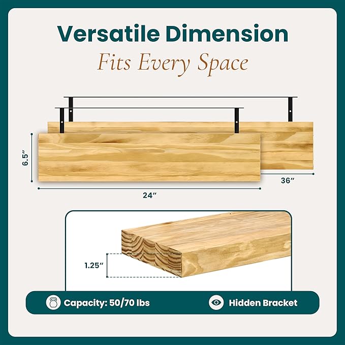 Howizz 36'' Pine Wood Floating Shelves for Wall- Set of 2 - Rustic Wall Mounted Wooden Shelf for Stylish Home Décor (Natural, 36x6.5x1.25) - 2pcs