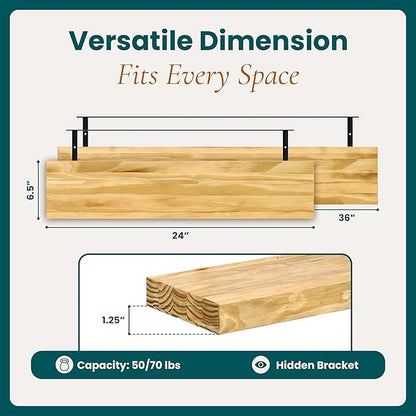 Howizz 36'' Pine Wood Floating Shelves for Wall- Set of 2 - Rustic Wall Mounted Wooden Shelf for Stylish Home Décor (Natural, 36x6.5x1.25) - 2pcs