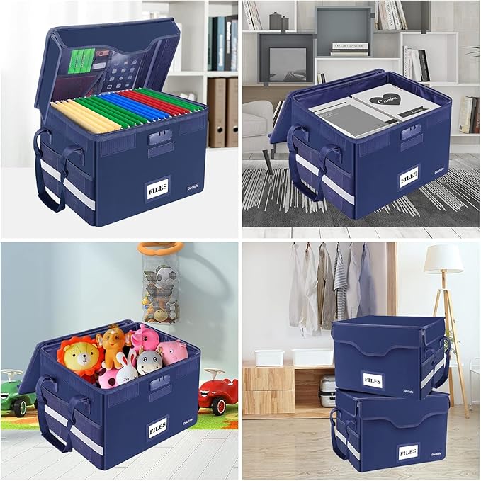 DocSafe Fireproof Document Box with Lock, File Storage Organizer with Mesh Pockets, Collapsible Portable File Box Home Office Safe Filing Cabinet with Handle for Hanging Letter/Legal Folder, Blue