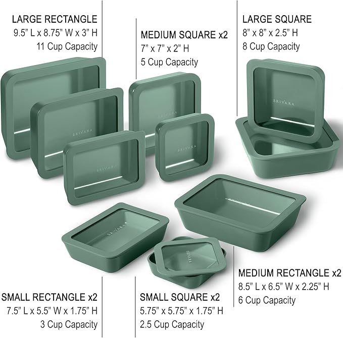 BRIVARA HOME Ceramic Coated Glass Food Storage Containers | No PTFE, PFOA, PFAS, and BPA | Reusable Non Toxic Meal Prep Containers with Glass Lids | Easy To Store | 10 Piece Set [Pine]