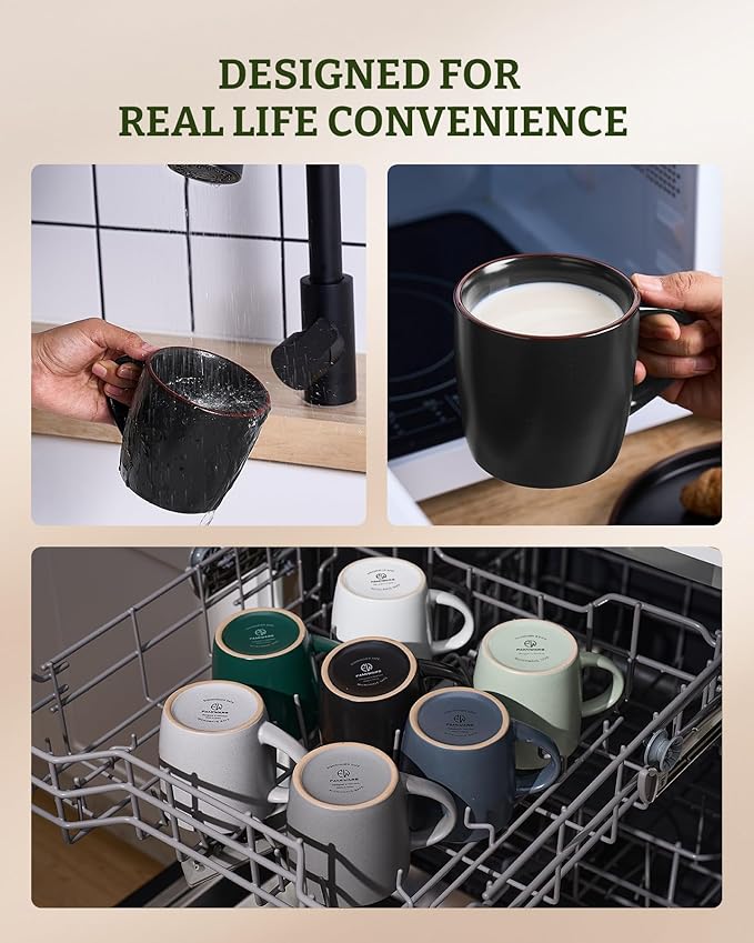 famiware Mercury Coffee Mugs 13 oz, Coffee Mugs Set of 6 with Handle, Cups for Latte, Hot Tea, Cappuccino, Mocha, Cocoa, Matte Black