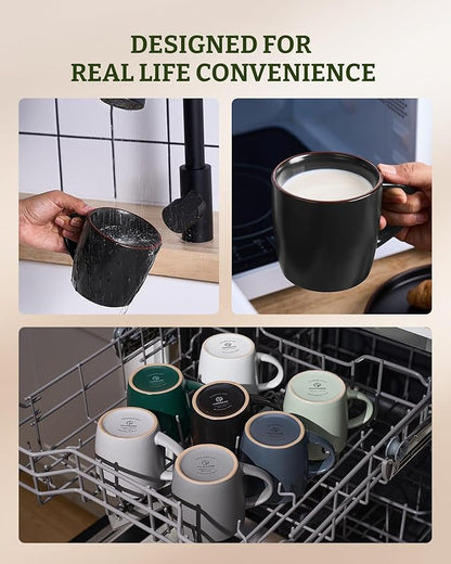 famiware Mercury Coffee Mugs 13 oz, Coffee Mugs Set of 6 with Handle, Cups for Latte, Hot Tea, Cappuccino, Mocha, Cocoa, Matte Black