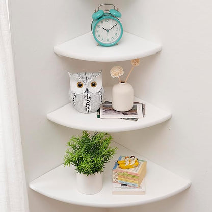 Conamily Corner Shelves, Floating Corner Shelf, Set of 3 Solid Oak Wood Corner Wall Shelves, Round End with Wire Hole Shelving for Small Plant for Bedroom Kitchen, Living Room (Size 9/10/12in)