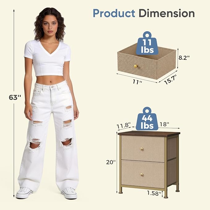 DUMOS Nightstand Small Dresser with 2 Fabric Drawers Side Tables Bedroom End Table Kids Bedside Storage Furniture for 20 inch Tall Night Stand for Closet, Entryway, College Dorm, Khaki