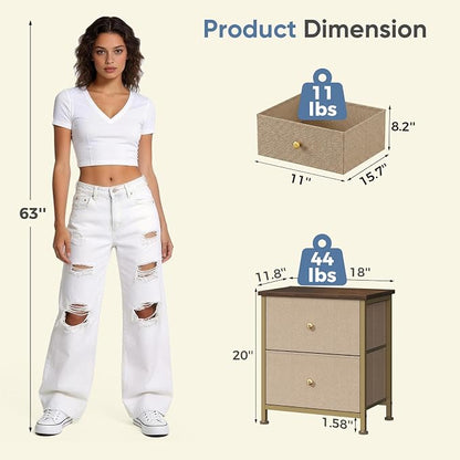 DUMOS Nightstand Small Dresser with 2 Fabric Drawers Side Tables Bedroom End Table Kids Bedside Storage Furniture for 20 inch Tall Night Stand for Closet, Entryway, College Dorm, Khaki 2Pack
