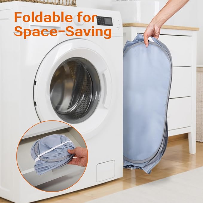 Sturdy Collapsible Laundry Baskets, Foldable Pop Up Laundry Hamper, Durable 2 Compartments Laundry Basket, Handy Pocket & Easy to Sort Clothes Hampers for Laundry, Dorm, Kids Room, Travel Grey