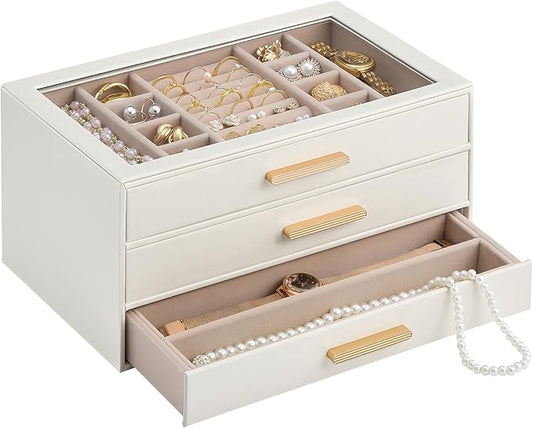 Lolalet Jewelry Box Organizer, 3-Layer Jewelry Organizers and Storage Case with Glass Lid, Ring Earring Bracelet Necklace Holder Organizer, Mothers Day Gifts for Mom, Women Girls -3Layer, Beige