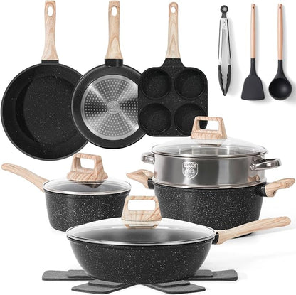 SODAY 17 Pcs Pots and Pans Set Non Stick Kitchen Cookware Sets Nonstick Induction Cookware Non-toxic Black Granite Cooking Tools with Stay-Cool Handles, Pot Protectors (PFOS/PFOA Free)
