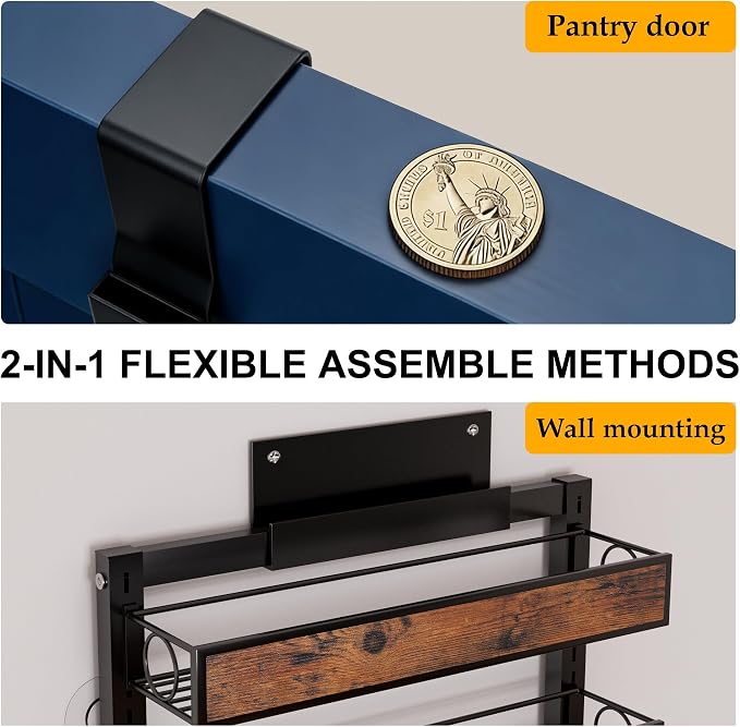 6 Tier Over The Door Pantry Orangizer 2 IN 1 Wall Mounted or Hanging Spice Rack with Adjustable Wood Basket,Heavy Duty Seasoning Storage Shelf for Kitchen Pantry and Bathroom