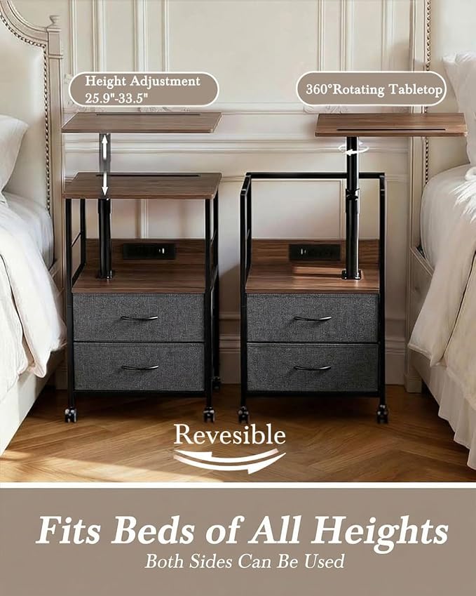 Faesun Swivel Lift Top Nightstand with Charging Station, Rolling Side Table for Recliner, Bedside Table with Wheels & 2 Fabric Drawers, for Small Spaces, for Bedroom, Living Room, Walnut Gray