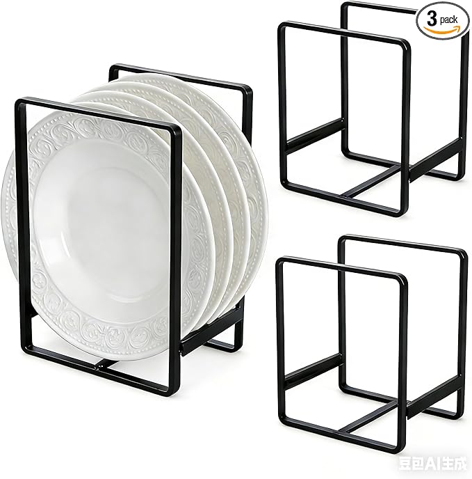 3Pcs Plate Holder Organizer - 2 Sizes Metal Upright Dish Rack for Kitchen Countertop/Cupboard | Portable Storage for Plates, Pots, Pans, Lids | Black Rustproof Counter Dish Organizer