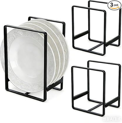 3Pcs Plate Holder Organizer - 2 Sizes Metal Upright Dish Rack for Kitchen Countertop/Cupboard | Portable Storage for Plates, Pots, Pans, Lids | Black Rustproof Counter Dish Organizer