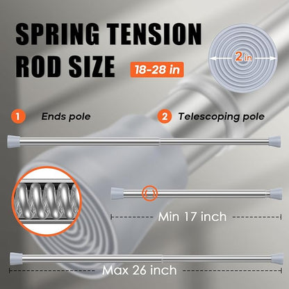 AIZESI Silver 2pcs Adjustable Spring Curtain Rods 17 to 26 Inch, Extendable Spring Tension Rod No Drilling, Non-Slip Closet Rods Tension, Durable Hanging Rods