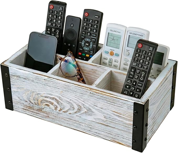 MyGift Rustic Whitewashed Wood 5-Compartment Remote Control and Media Storage Organizer with Black Metal Corner Trim