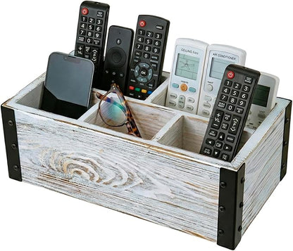 MyGift Rustic Whitewashed Wood 5-Compartment Remote Control and Media Storage Organizer with Black Metal Corner Trim