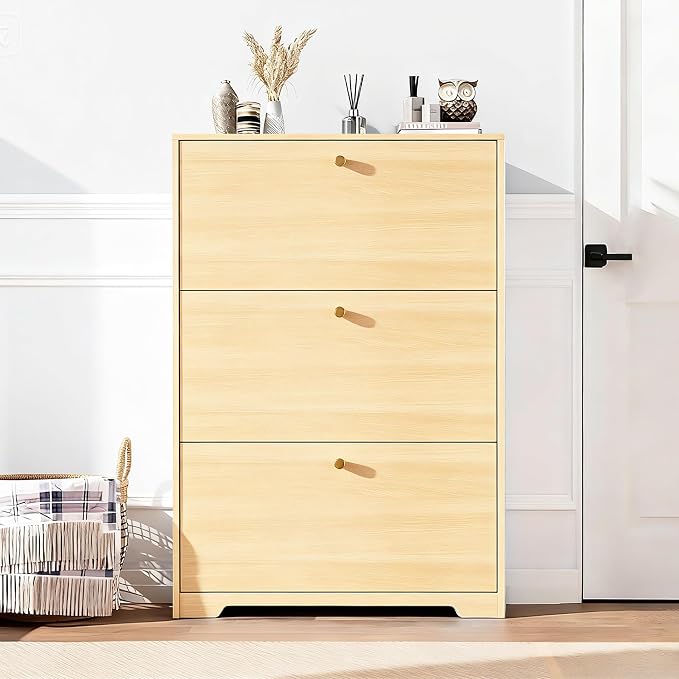 Nicetree Shoe Cabinet with 3 Flip Drawers，Freestanding Shoe Storage Cabinet, Narrow Shoe Organizer Cabinet, Farmhouse Slim Shoe Rack Cabinet for Entryway,Natural Oak with Hook