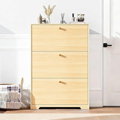 Nicetree Shoe Cabinet with 3 Flip Drawers，Freestanding Shoe Storage Cabinet, Narrow Shoe Organizer Cabinet, Farmhouse Slim Shoe Rack Cabinet for Entryway,Natural Oak with Hook