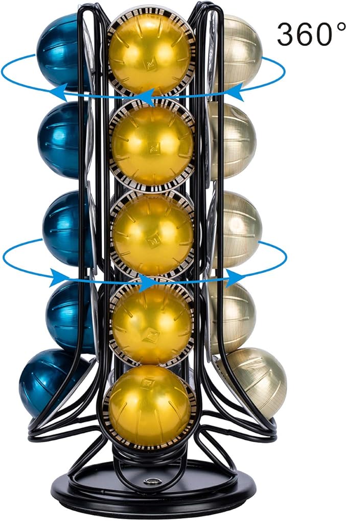 FlagShip Vertuo Pod Holder Coffee Pod Carousel Stand Storage for Nespresso Vertuoline, Small Size 360-Degree Rotation Wire Metal Black (20 Pods Capacity)