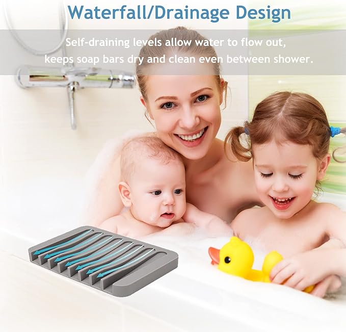 Self Draining Soap Dishes, 4 Pcs Silicone Waterfall Drainer Soap Holder for Bathroom, Extend Soap Life Keep Dry Clean & Easy Cleaning (Black & White)