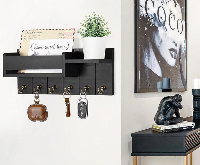 Key Holder Wall Mount - Decorative Key Rack and Mail Organizer with 6 Key Hooks - Wooden Key Hanger with Shelf for Living Room Decor - Rustic Farmhouse Home Entryway Aesthetic Essentials