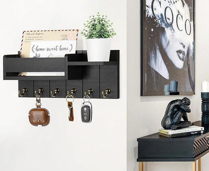 Key Holder Wall Mount - Decorative Key Rack and Mail Organizer with 6 Key Hooks - Wooden Key Hanger with Shelf for Living Room Decor - Rustic Farmhouse Home Entryway Aesthetic Essentials
