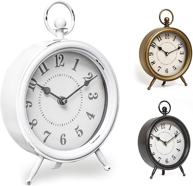 MACVAD Vintage Rustic White Table Clock on Stand, Decorative Desk and Shelf Clock Farmhouse Mantel Clock Rustic Non-Ticking Clock
