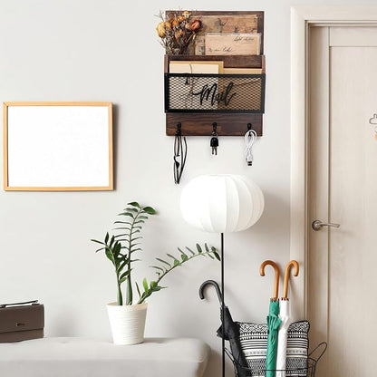 Yalikop Farmhouse Mail Organizer Wall Mounted Rustic Mail Holder Hanging Key Sorter with 3 Hooks Indoor Wooden Wall Mounted, Letter, Magazines, Newspapers, Keys(Classics,Brown)