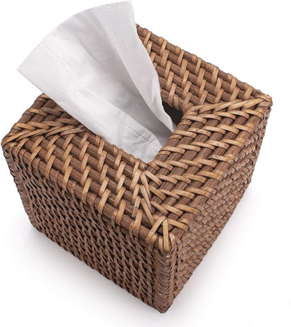 Rattan Tissue Box Cover Natural Woven Facial Napkin Holder Square (Honey Brown, 5.5x5.5x5.9 Inch)