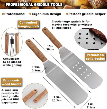 ROMANTICIST 8pcs Professional Griddle Accessories Kit - Heavy Duty Stainless Steel Grill Spatula Set for Grill Griddle Hibachi Flat Top Outdoor Cooking - Great Grill Gift on Birthday Wedding